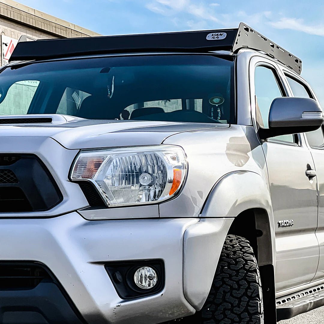 Front view of the VAN44 Overlanding roof rack on a Toyota Tacoma
