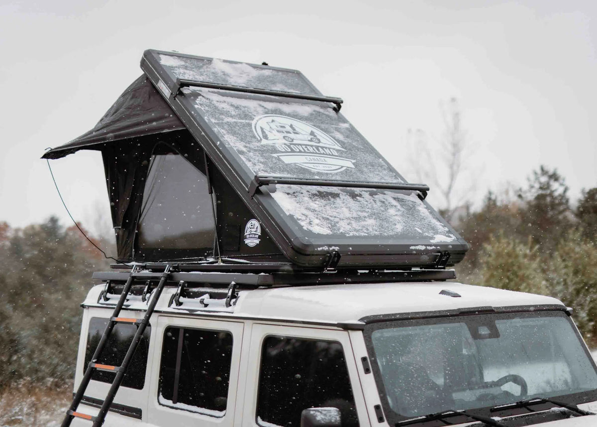 Front view of the ultra light roof top tent under the snow