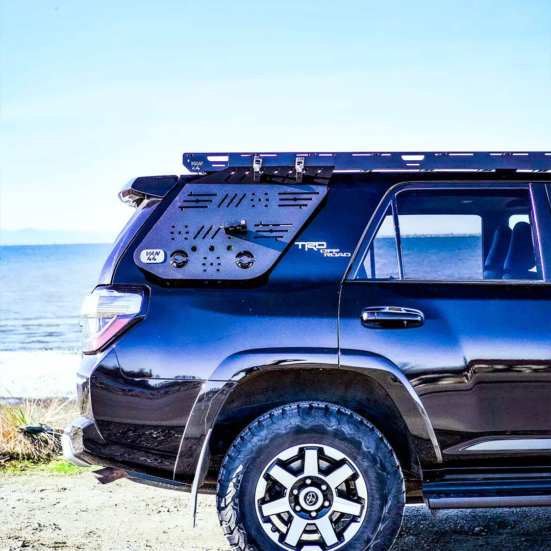 View of the rear of the vehicle with an organizer and an overland roof rack
