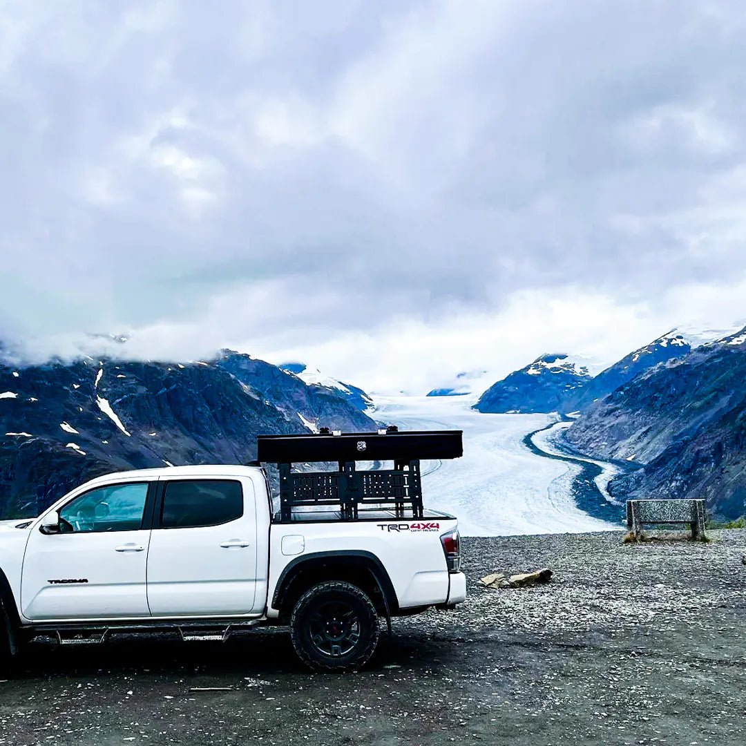 Large view of the Adjustable Truck Bed Rack with Glacier and landscape background