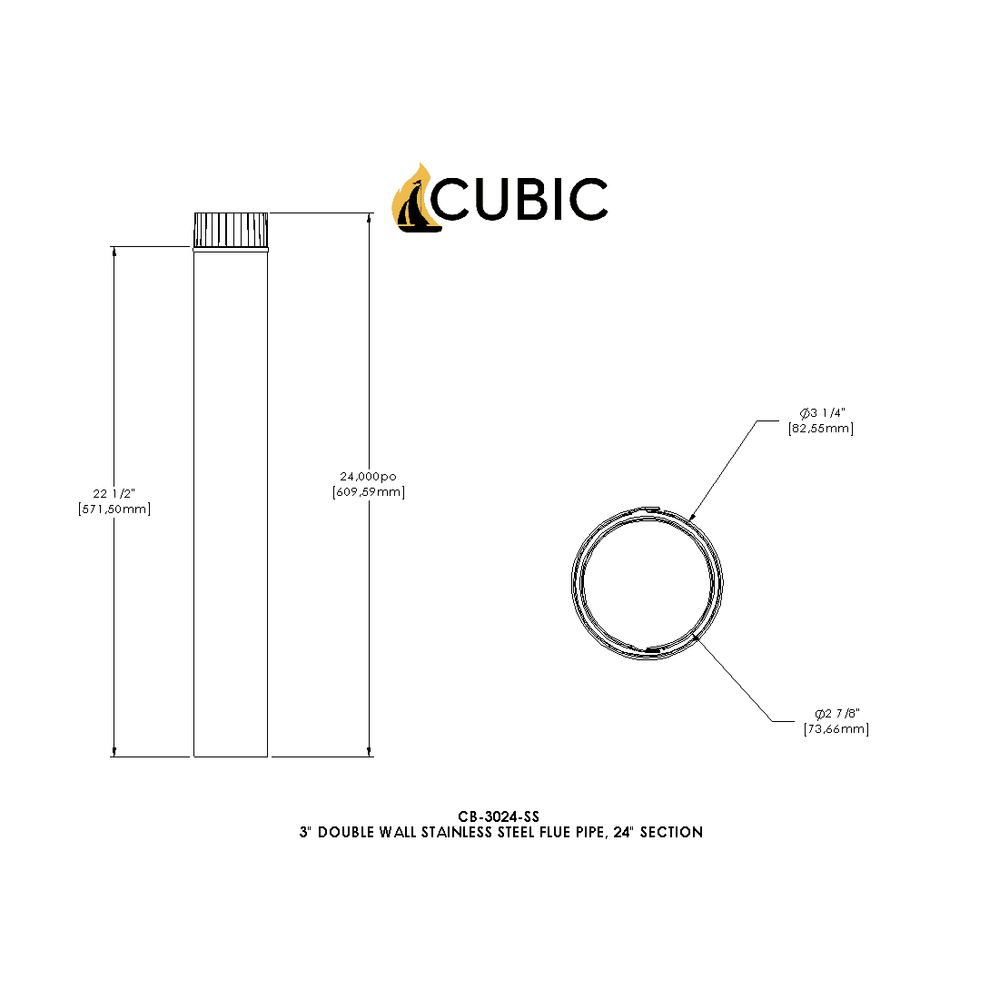 Mini Poêle à Bois <br>Tuyau de Fumée Double Paroi Inox 3" <br>24" de long