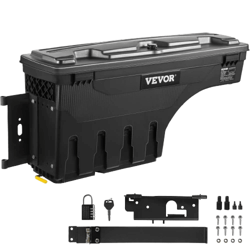 Coffre de rangement pour camion  vue avec les différents équipements et attaches fournit avec