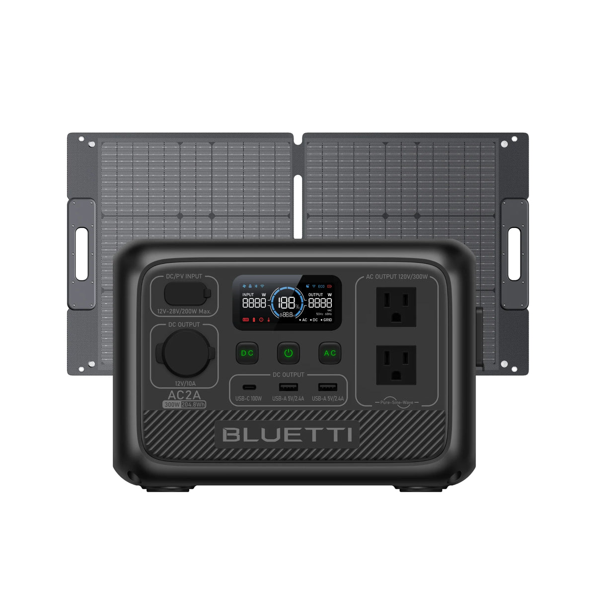 View of the 100W Foldable Solar Panel with a AC2A Power Bank with AC Outlet