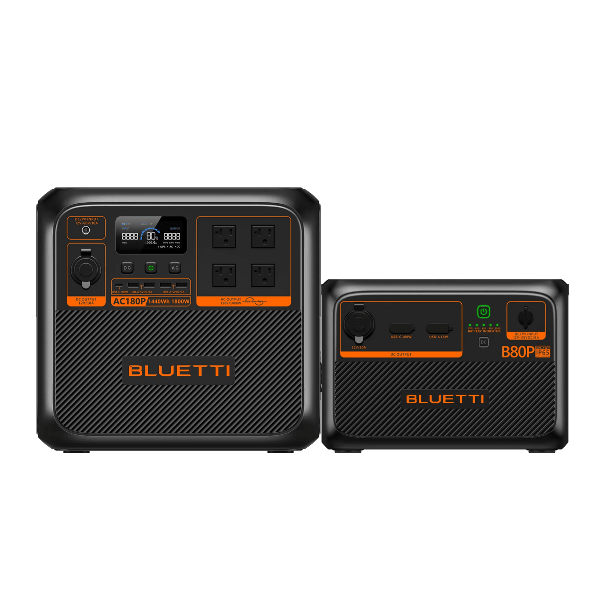 View of the Bluetti AC180P Power Station with the B80P Battery Expansion electric supply