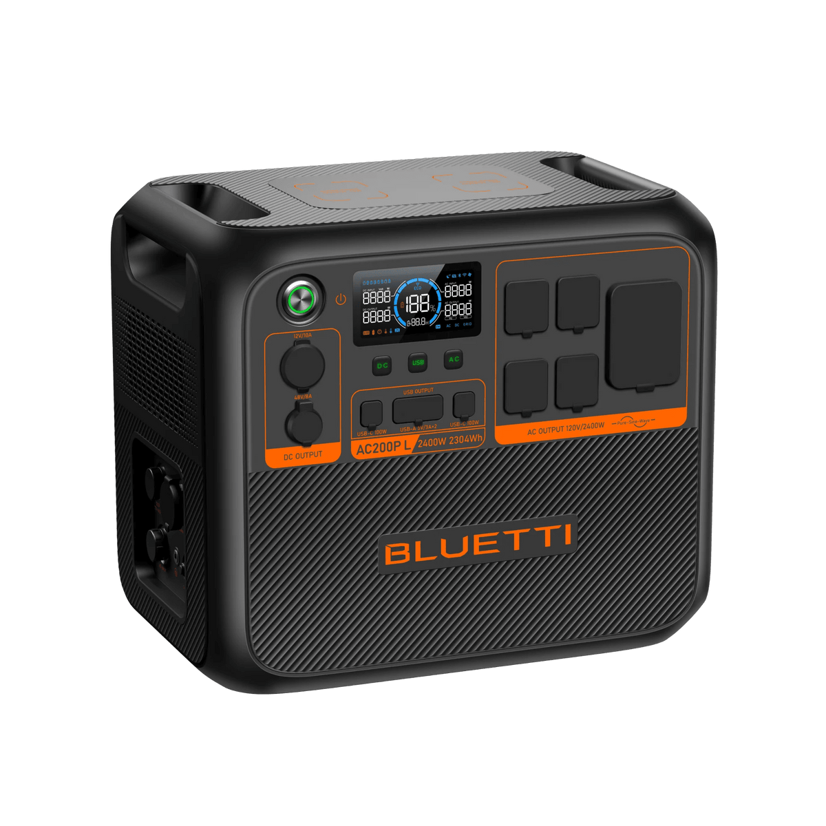 Side view of the power pack for camping with outlet plug