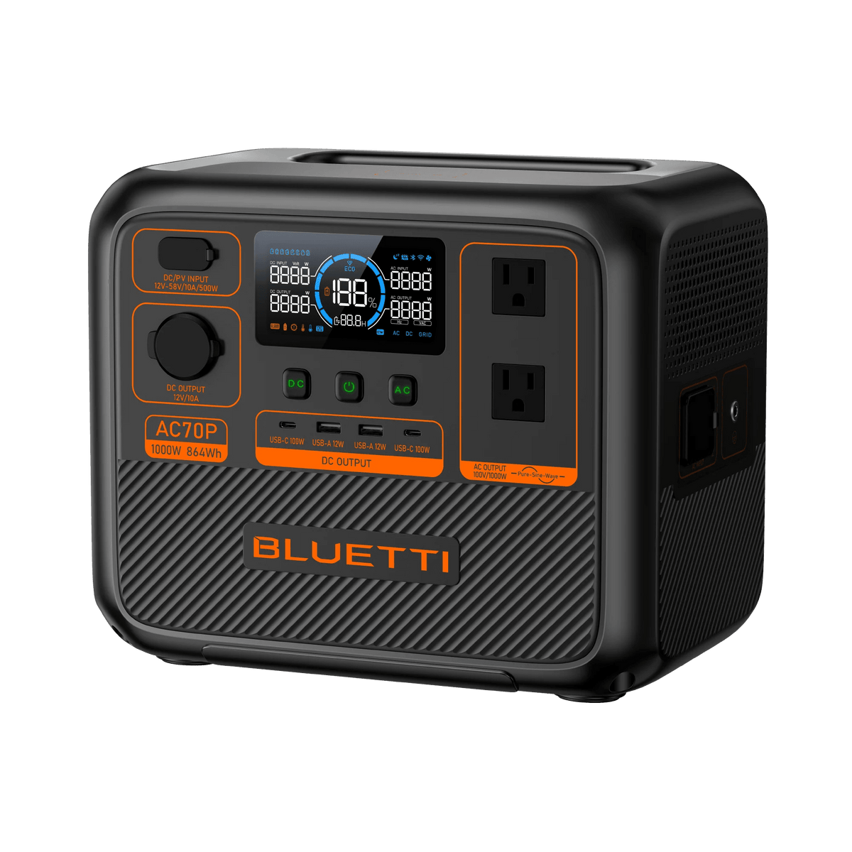 Side view of the 1000W Lithium Portable power station Bluetti AC70P