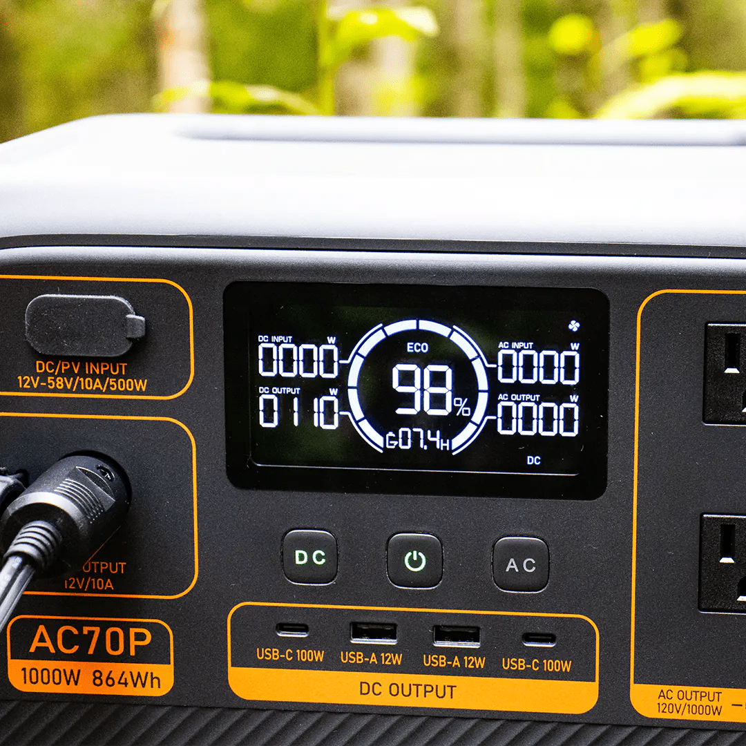 Close view of the LCD screen of the bluetti solar power generator kit