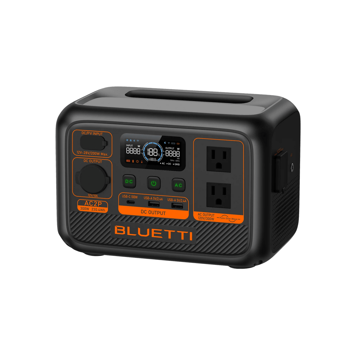 Portable Battery Generator, front view with ac outlet for camping
