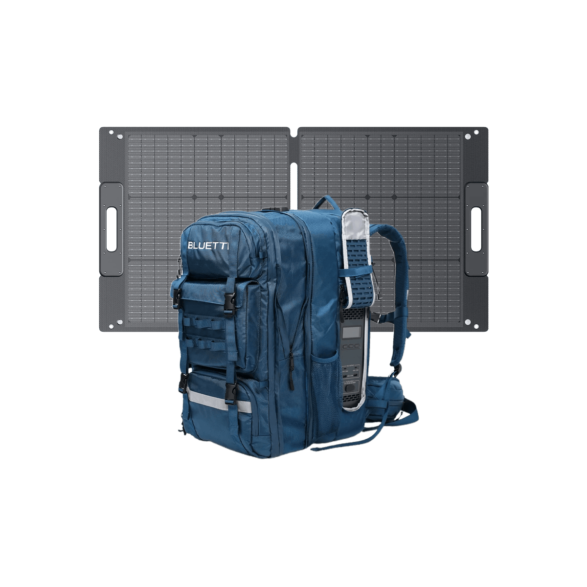 View of the backpack with a solar panel and a power station