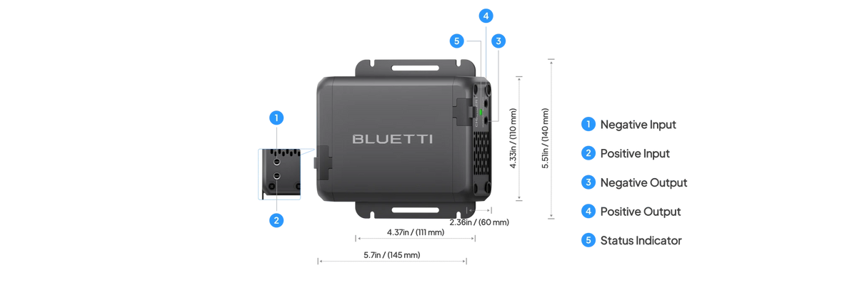 Vue en détails des connectiques et des boutons du chargeur dc dc de bluetti