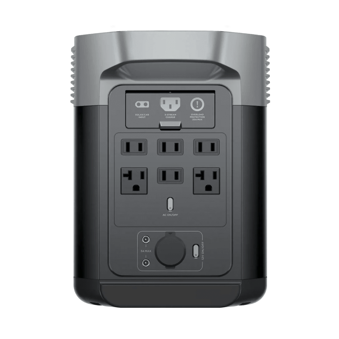 Vue arrière de la station électrique ecoflow delta 2 portable avec prises d'amérique du nord