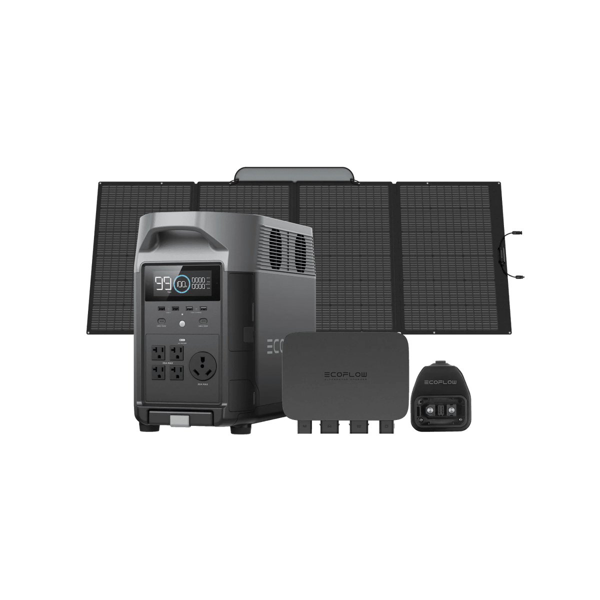 View with a portable solar panel and a power kit