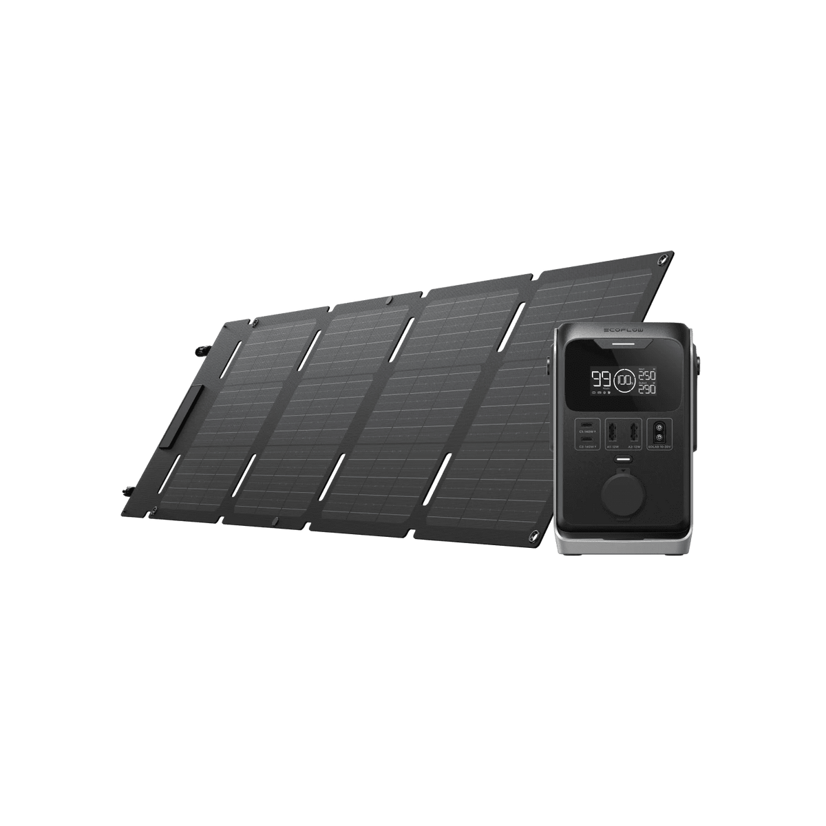 View of the battery pack for backpacking with a backpacking solar panel of 45W