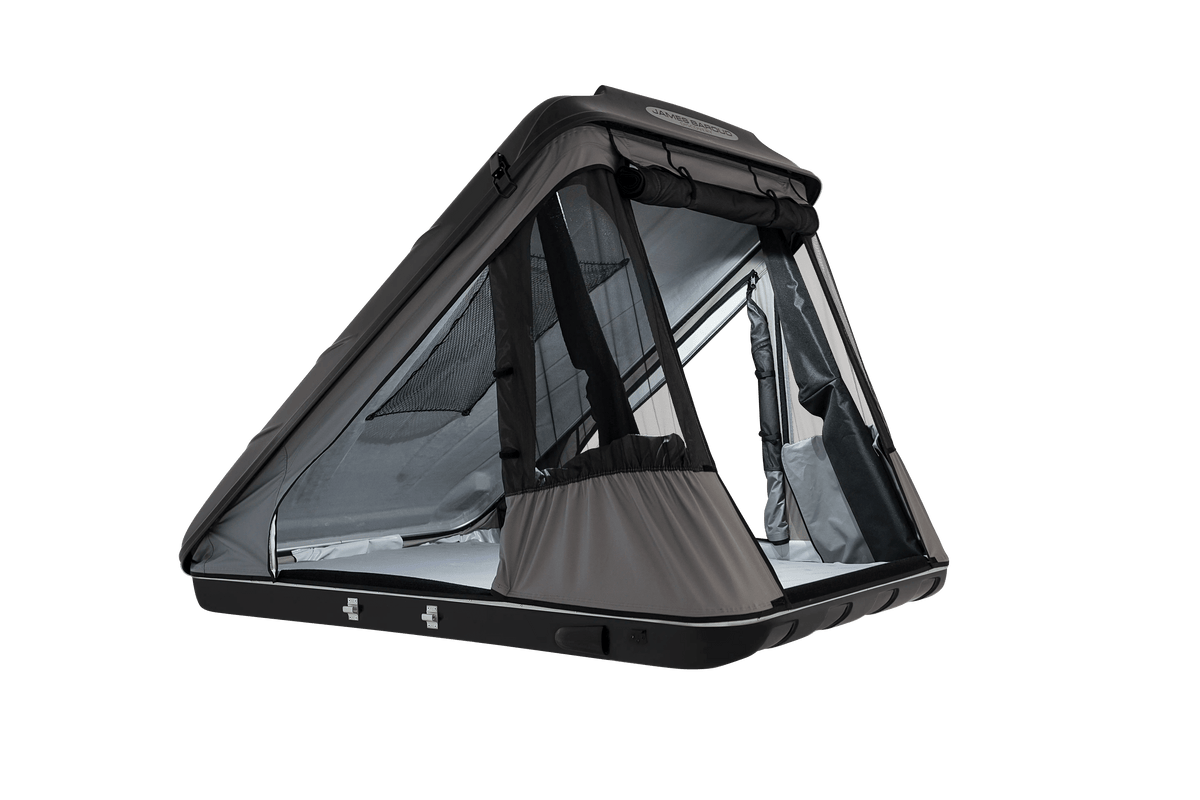 Open doors of the black roof top tent