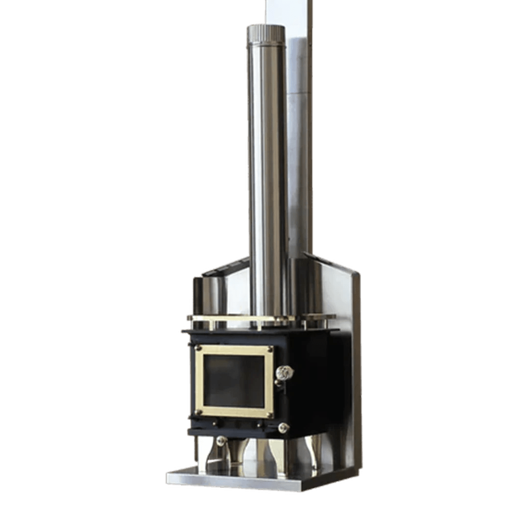 View of the Mini Wood stove with a back plate protection