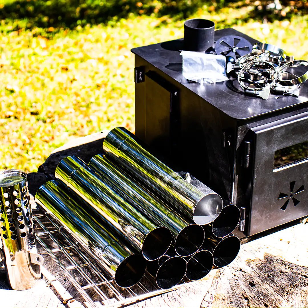 View of the Mini Wood Stove for Van with pipes included and
