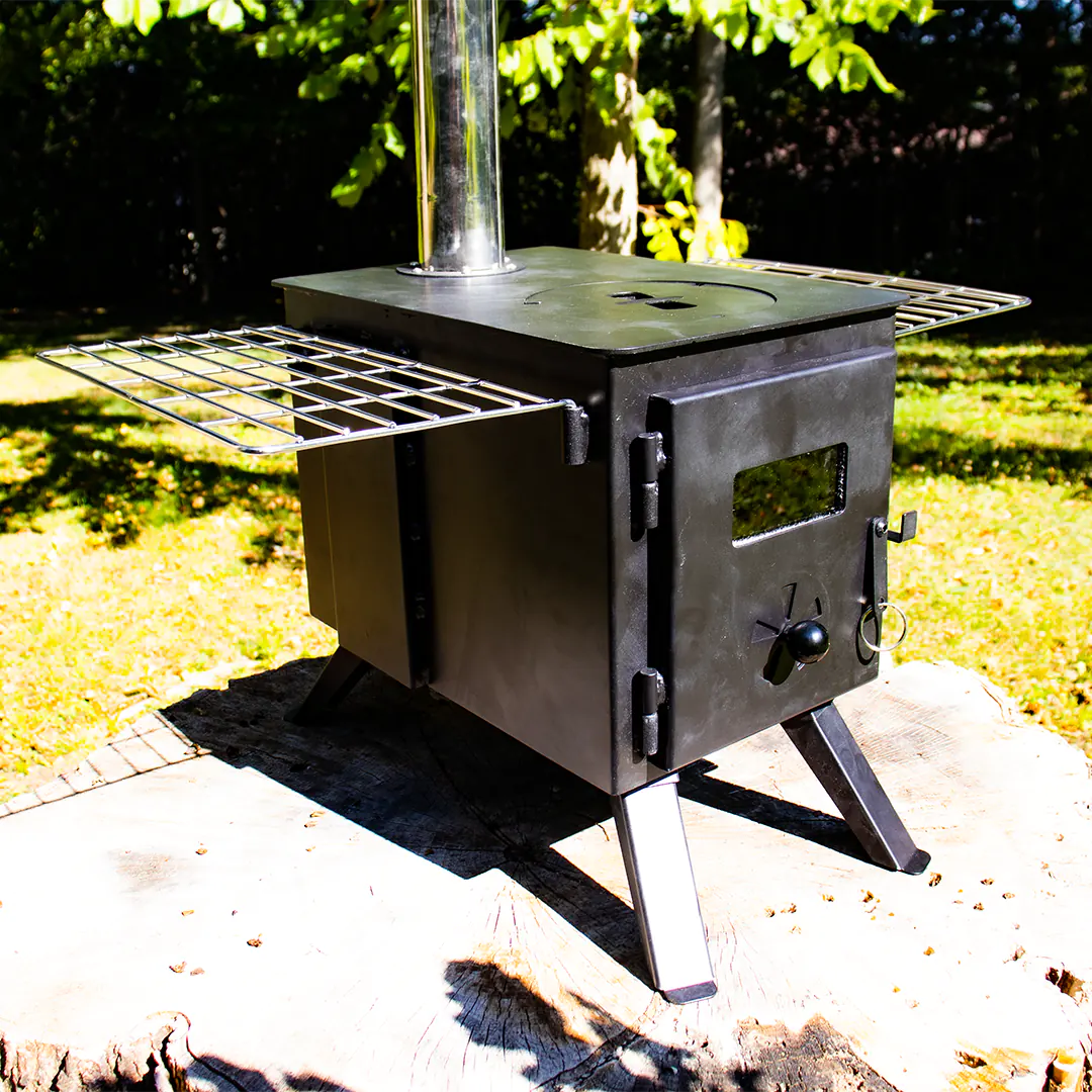 Side view of the tiny wood stove for campervan