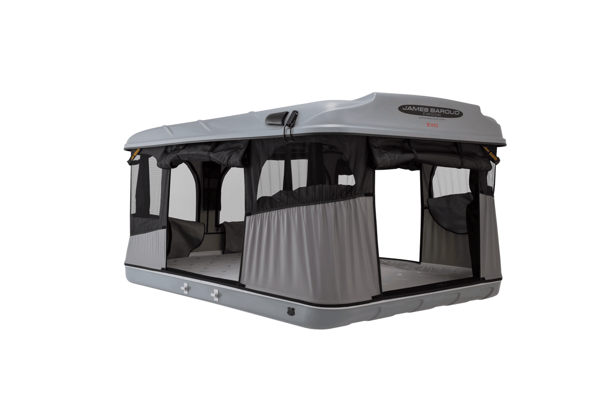 James Baroud Evasion Roof Top Tent with windows opened and inside view of the mattress and doors