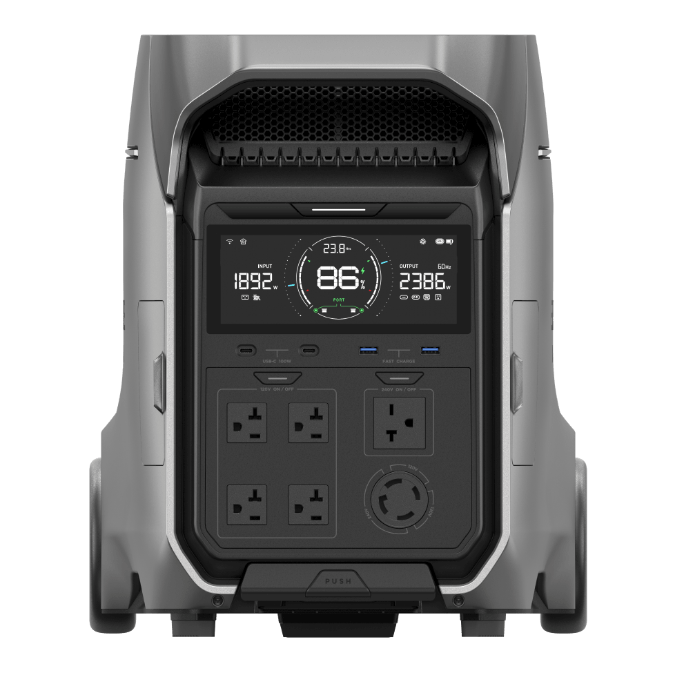 Front view of the portable battery generator with wheels