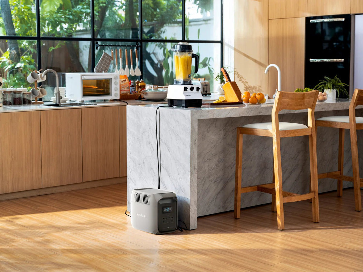 View of the portable power station powering the kitchen during a power outage 
