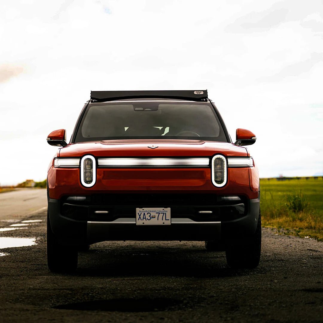 Front view of the Rivian with the roof rack