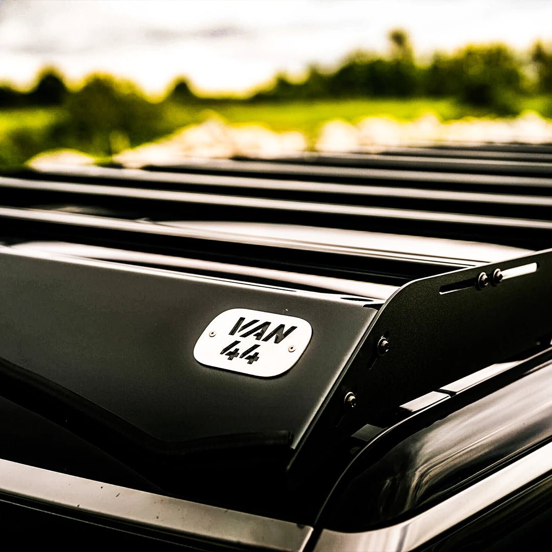 Detailed view of the VAN44 Roof Rack made in Canada on a Rivian