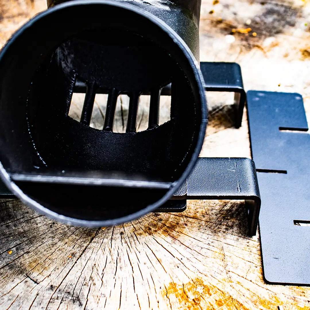 Detailed view of the inside of the rocket stove wood burner