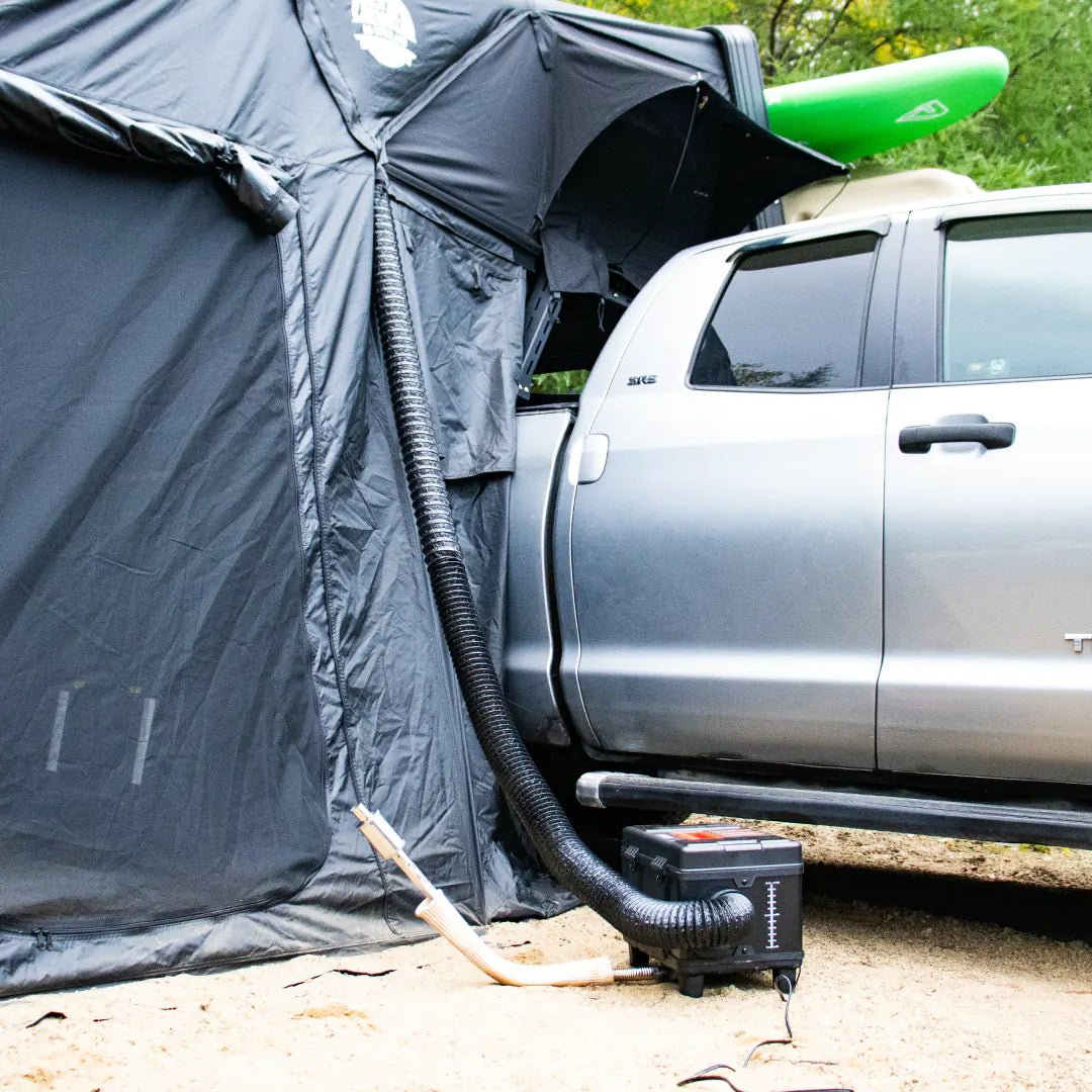 View of the use of the diesel heater with a rooftoptent