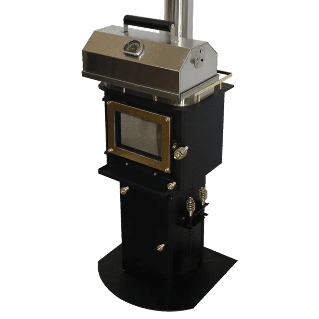 Large view on a support and with a grill of the tiny house wood burner heater