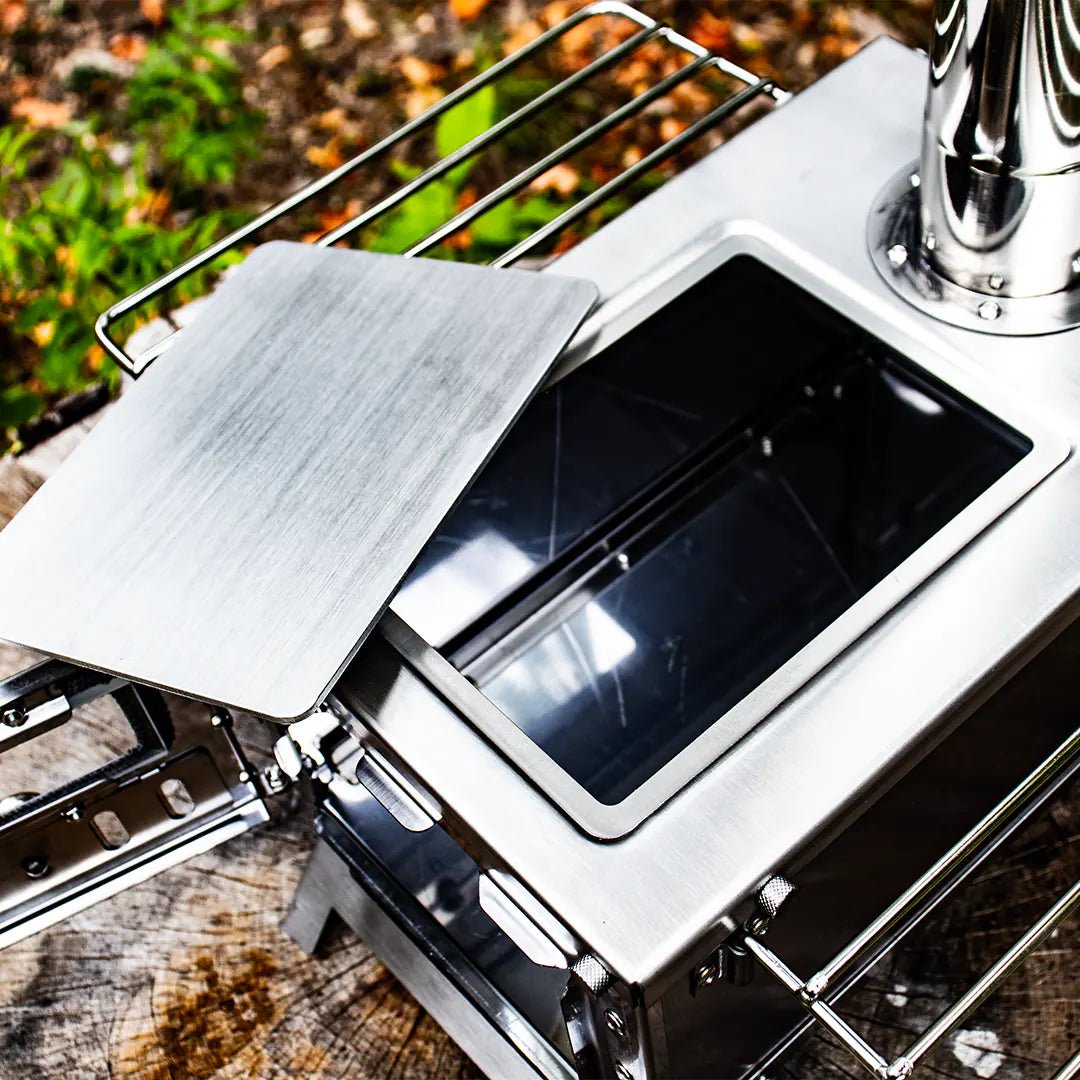 View of the top open for cooking on the tiny wood stove