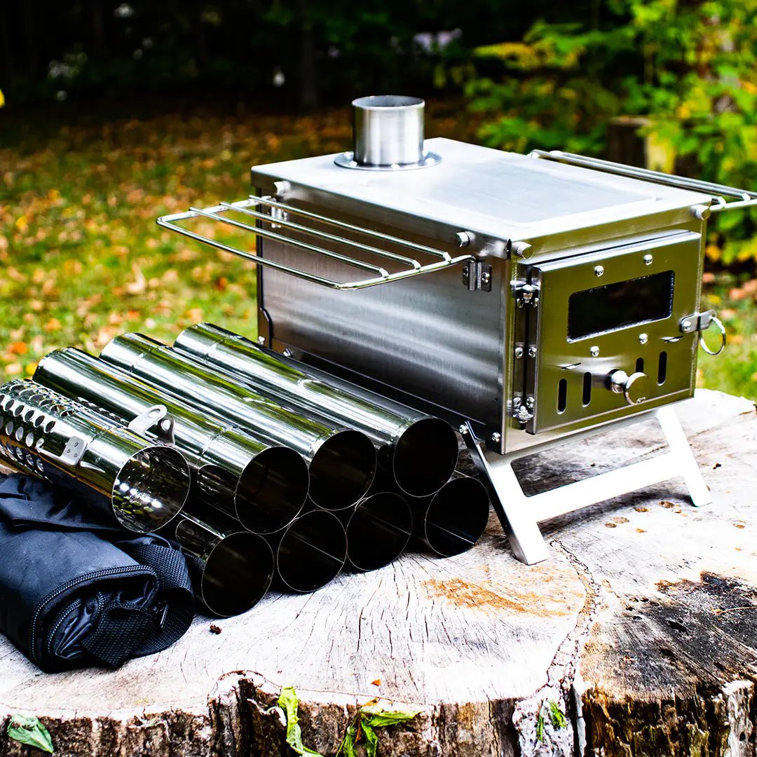 Large view of the Tiny wood stove with pipes